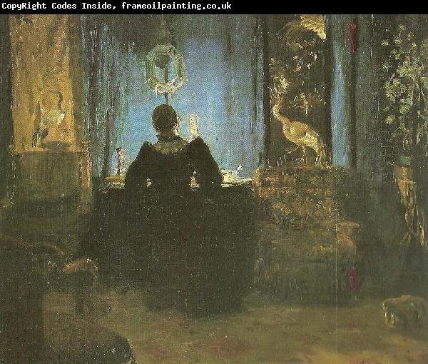 Anna Ancher den vest med bla gardinerre stuefru ancher ved skrivebordet